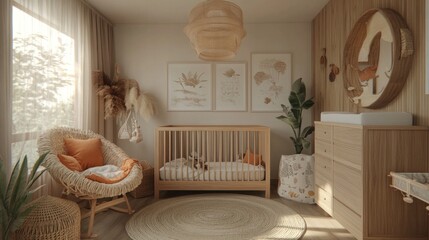 Obraz premium Nursery interior design, wooden crib, sunlight, boho decor, peaceful room
