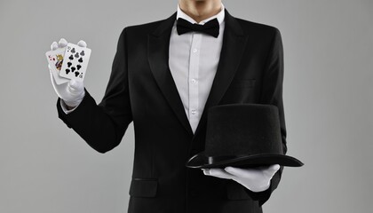 Illusionist with top hat showing playing cards on grey background, closeup