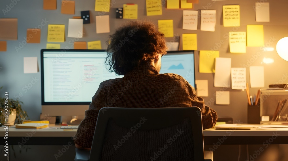 Poster professional sits at a cluttered desk, surrounded by sticky notes and screens, embodying the chaos o
