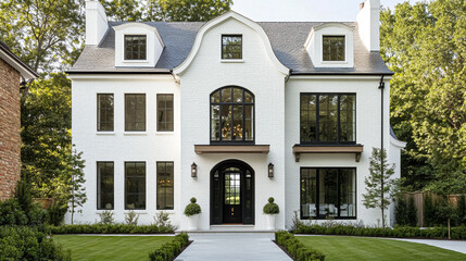 Modern house architecture, blending traditional architectural elements with contemporary design, featuring grand facade, large windows, manicured garden
