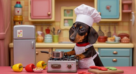Naklejka na ściany i meble Dachshund Chef in Toy Kitchen - Adorable dachshund puppy dressed as a chef, cooking in a miniature kitchen. Symbolizes cuteness, culinary skills, playfulness, domestic life, and pet companionship
