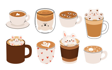 Set of cute Coffee Cups with Latte Art. Collection of coffee drinks with variety latte art heart, leaf, bear, cat, Flower. Cafe Bar or Coffee House Graphics. Vector Illustration