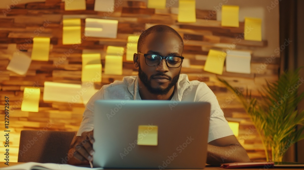 Poster professional working on a laptop surrounded by sticky notes, illustrating the concept of multitaskin