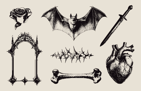 Gothic pixelated collage in a retro 8-bit style. Bat, sword, heart, rose, bone, thorns, and an ornate frame. Perfect for dark aesthetics, tattoo designs, alternative fashion.
