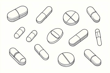 Single one line drawing set of pills and capsules isometric icon. painkillers, antibiotics, vitamins and aspirin.