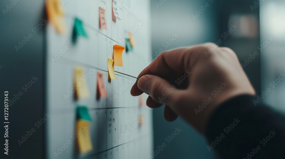 Poster hand placing colorful sticky notes on a calendar, symbolizing multitasking and time management. repr