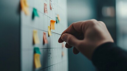 Hand placing colorful sticky notes on a calendar, symbolizing multitasking and time management. Represents chaos and stress in a work environment with looming deadlines