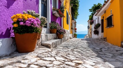 Colorful Mediterranean street lined with flower pots and vibrant houses overlooking the sea