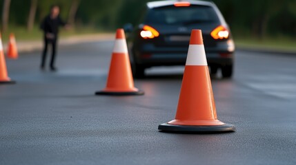 Traffic cones mark a driving practice area while an instructor guides students in a school parking lot during a sunny afternoon