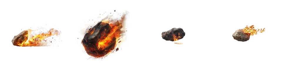 Set of Realistic Burning Meteorite Set – High-Quality Space Rock with Fire and Smoke Effects on transparent background