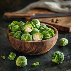 High-resolution macro shot of fresh, organic Brussels sprouts with vibrant green leaves, arranged in a rustic wooden bowl on a dark slate countertop, with soft natural lighting and dewdrops.