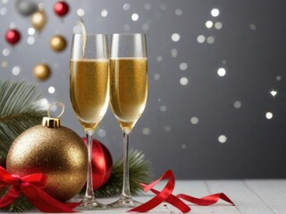 champagne glasses and christmas decorations