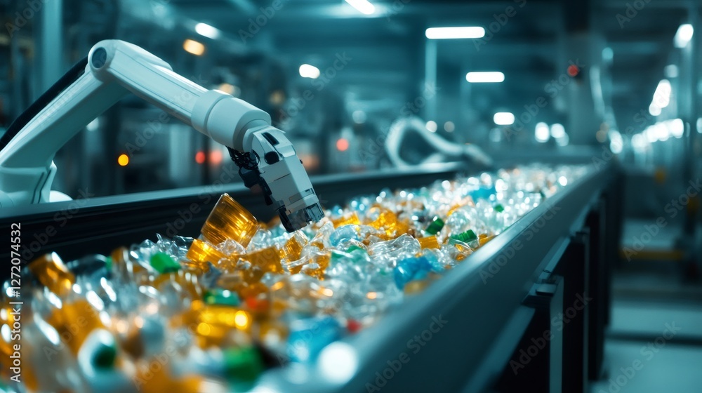 Poster in a modern recycling facility, a robotic arm efficiently sorts plastic bottles of varying colors on