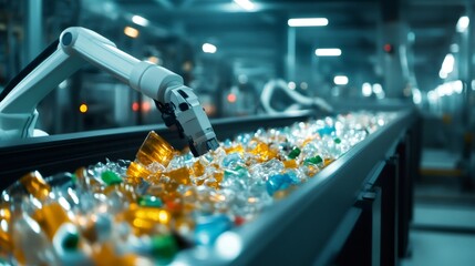 In a modern recycling facility, a robotic arm efficiently sorts plastic bottles of varying colors on a conveyor belt, demonstrating the automation of waste management processes