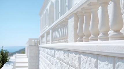White stone balustrade on villa overlooking sea