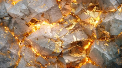 Obraz premium Translucent quartz crystals reveal glowing golden veins, creating a mesmerizing natural pattern that showcases the harmony of geology and light during sunset.