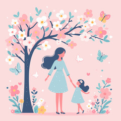 Charming vector illustration of a mother and daughter holding hands under a blooming tree in pastel colors