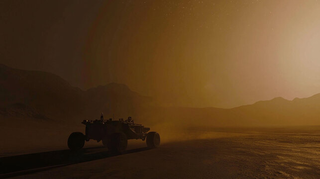 Rover martien explorant un d&eacute;sert brumeux et myst&eacute;rieux sur Mars