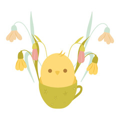 Baby chicken in a cup cartoon illustration, flowers