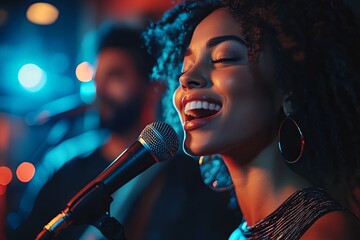 African female singer performing on stage with microphone in vibrant lighting