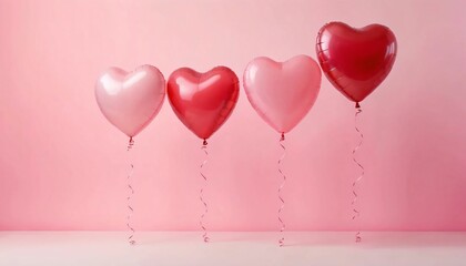 Red and pink heart-shaped balloons floating at the bottom, with a pastel pink gradient background.