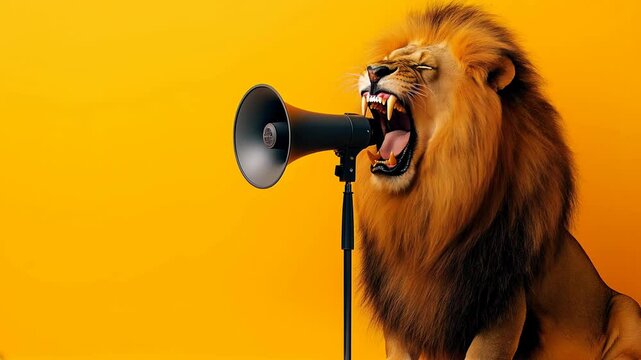 Lion roaring through megaphone on vibrant yellow background