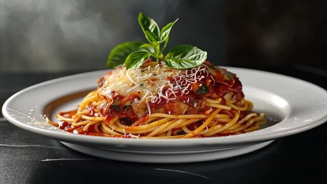 Veal parmigiana with cheese, spaghetti and basil on black background. Traditional Italian cuisine pasta dish 