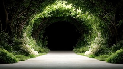 Lush green tunnel path leads to darkness