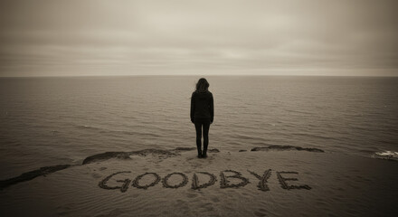 Farewell by the Sea - A solitary figure stands on a cliff overlooking the ocean, the word "Goodbye" etched in the sand. A poignant of loss and departure