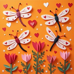 Fototapeta premium Valentines Day Dragonflies with Flowers Paper Art Craft