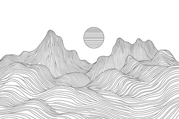 Abstract mountain range landscape background. Simple line drawing of mountains and sun.