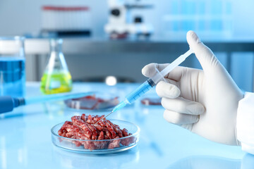 GMO concept. Scientist injecting something into minced meat at table in laboratory, closeup