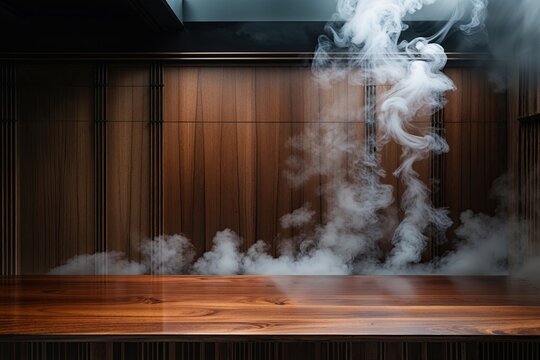 Shiny Wooden Surface with Steam Rising in Dimly Lit Space