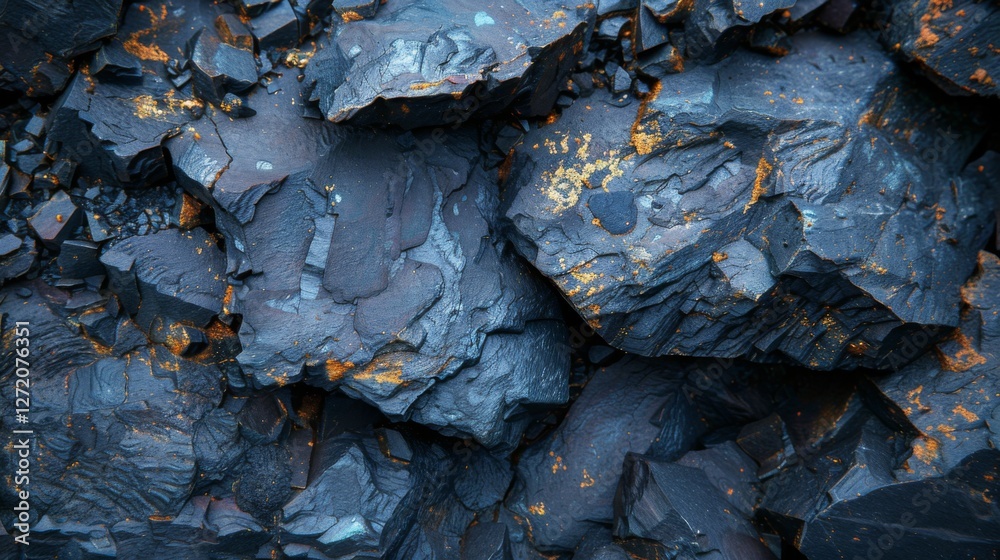 Fototapete textured, dark rocks display intricate geological patterns with splashes of orange lichen.