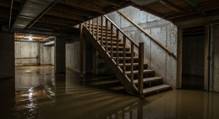 Obraz premium Flooded Basement Staircase and Water Damage - Basement flooding, water damage, staircase, dark, somber. Symbolizing loss, devastation, despair, vulnerability, and the need for repair