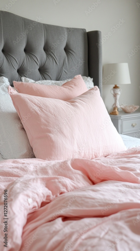 Poster soft pink bed sheets drape elegantly over a plush queen mattress, complemented by a stylish grey hea