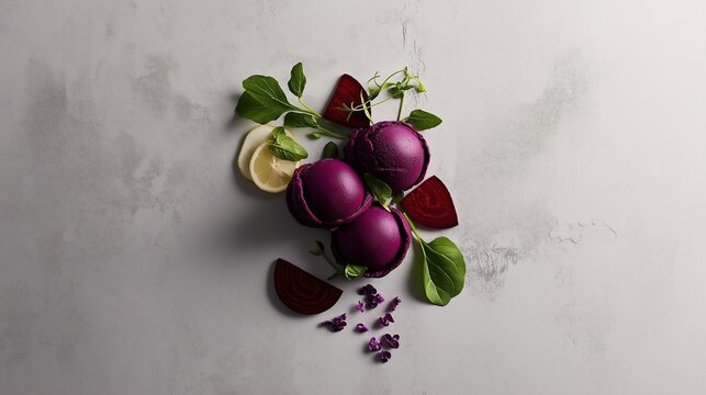 Beetroot ice cream with a hint of honey and lemon, arranged in a mesmerizing pattern. Deep magenta scoops are placed in a structured layout on a soft pastel backdrop