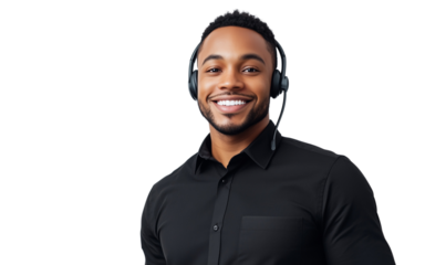 a smiling call center agent wearing a black shirt and headset isolated on a transparent background