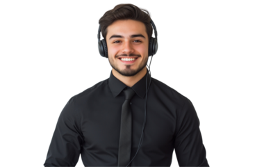 a smiling call center agent wearing a black shirt and headset isolated on a transparent background