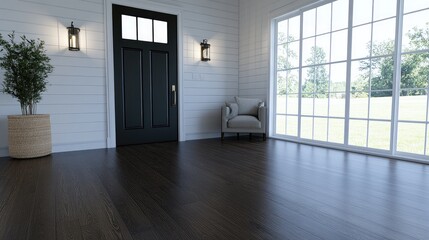 Obraz premium Luxurious entryway with wood floors, shiplap walls, and rustic decor welcomes guests with a cozy sofa and large windows