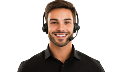 a smiling call center agent wearing a black shirt and headset isolated on a transparent background