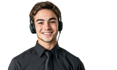 a smiling call center agent wearing a black shirt and headset isolated on a transparent background