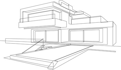 One continuous line drawing of flat roof house with swimming pool. Minimalist style black linear sketch of modern building isolated on white background. Vector illustration.