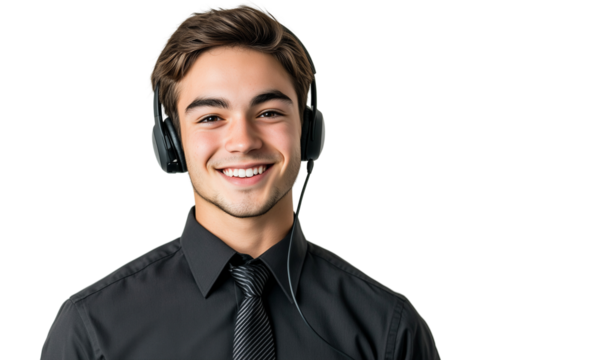 a smiling call center agent wearing a black shirt and headset isolated on a transparent background