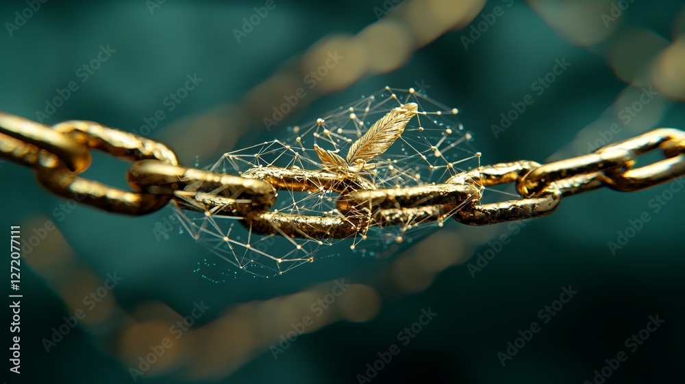 Poster the concept of blockchain is represented by a chain of interconnected nodes in a network, visualized