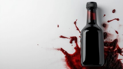 A wine bottle spills dark red liquid onto a white surface, creating an artistic splash effect