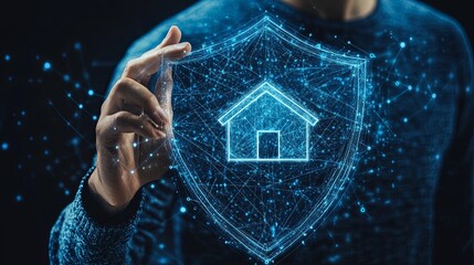 Futuristic digital shield with house icon held by male hand in cybersecurity concept