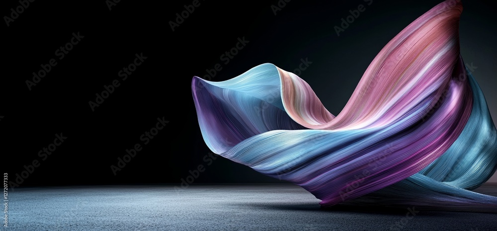 Poster a 3d rendering featuring abstract blue and purple neon light shapes on a black background with refle