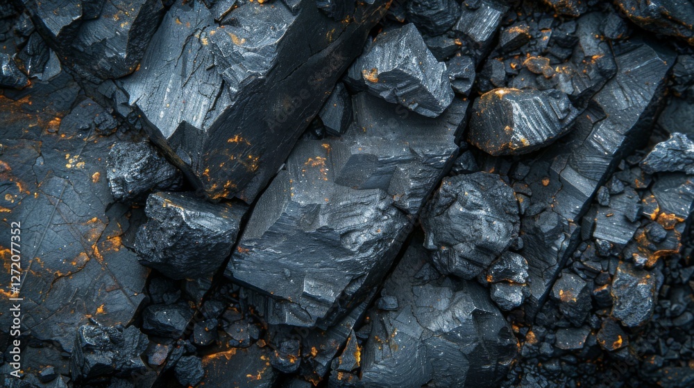 Poster coal fragments lie on the ground, displaying a variety of sizes and textures. the surface reflects l