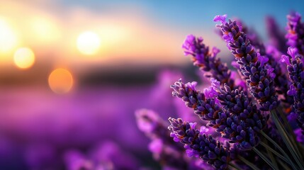 Fototapeta premium Dreamy lavender field in full bloom against a bright blue sky on a tranquil day